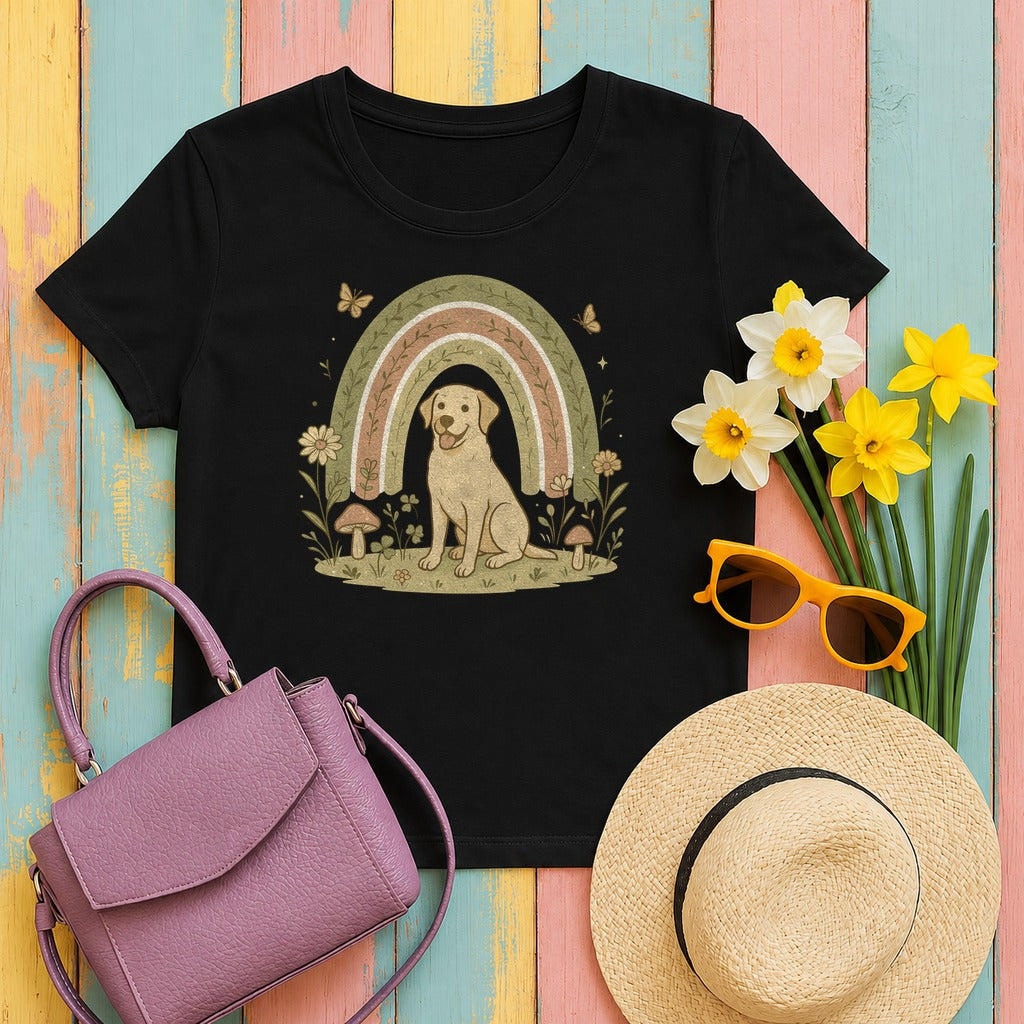 Adorable Labrador in Garden with Rainbow Graphic T-Shirt in Black