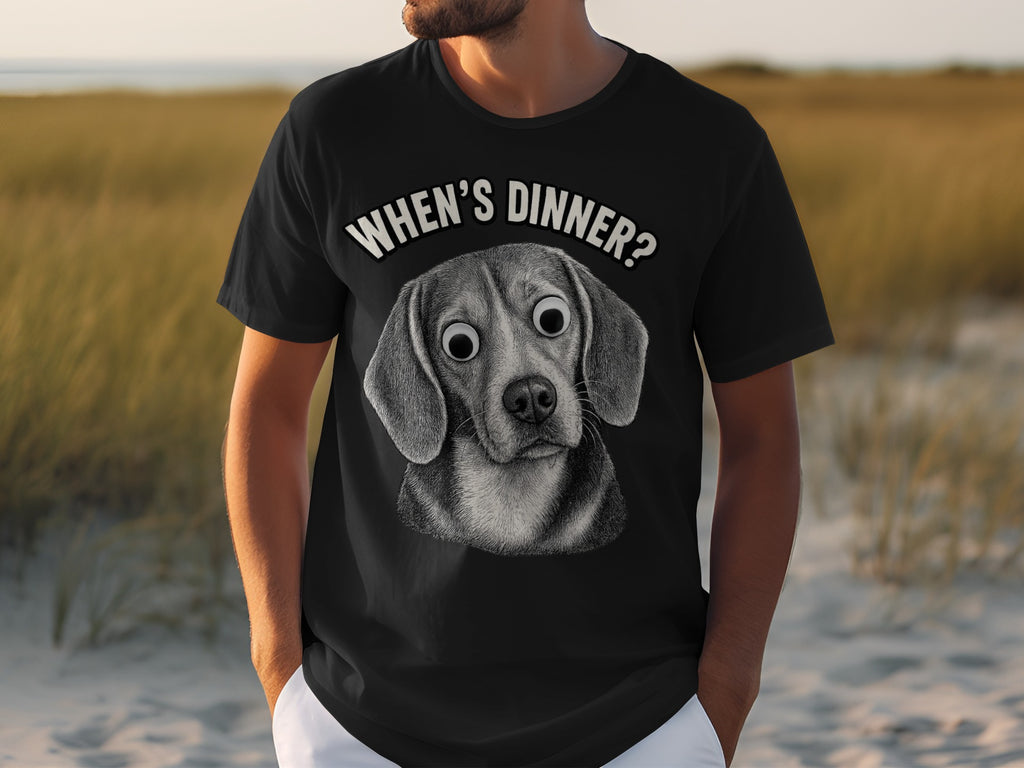 Black t-shirt with a dog's face and "When's Dinner?" text.