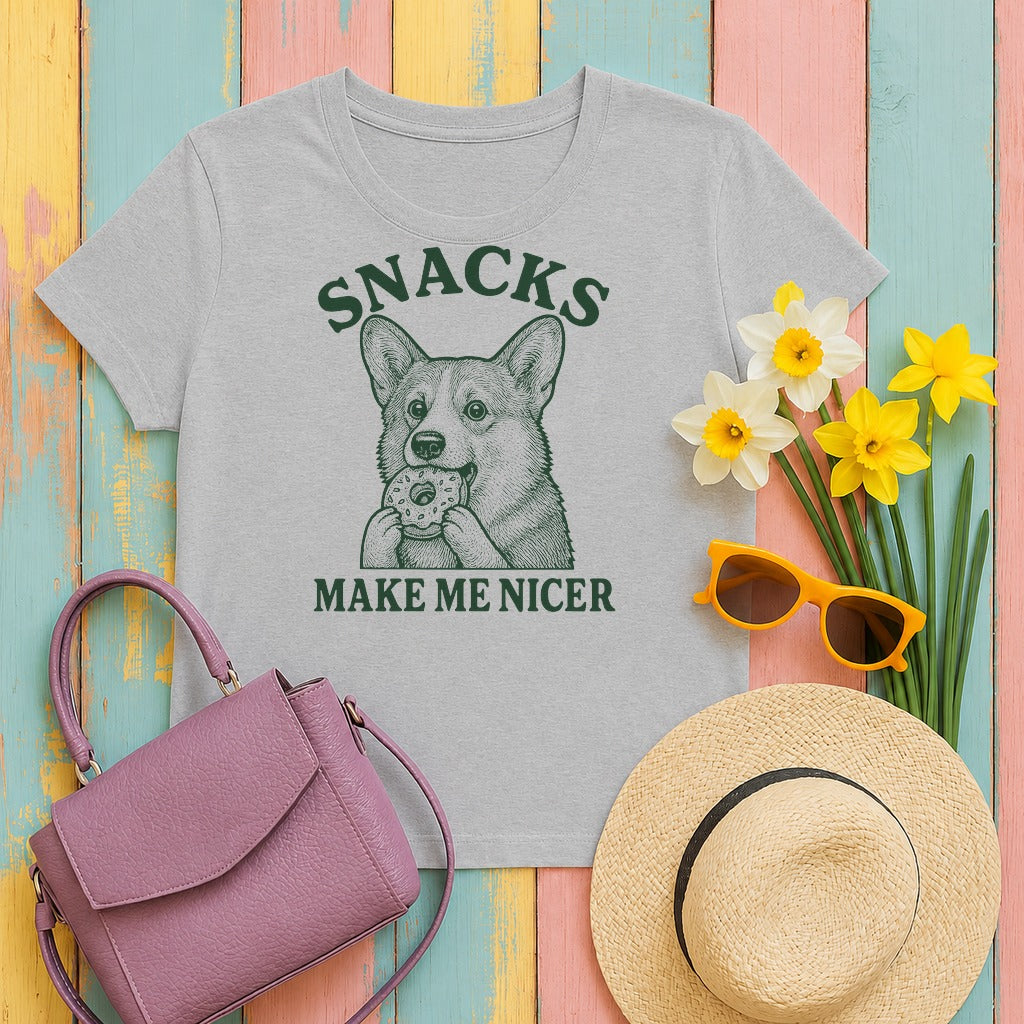 w4hero snacks-make-me-nicer-corgi-with-donut-graphic-t- tee flat lay hero v8