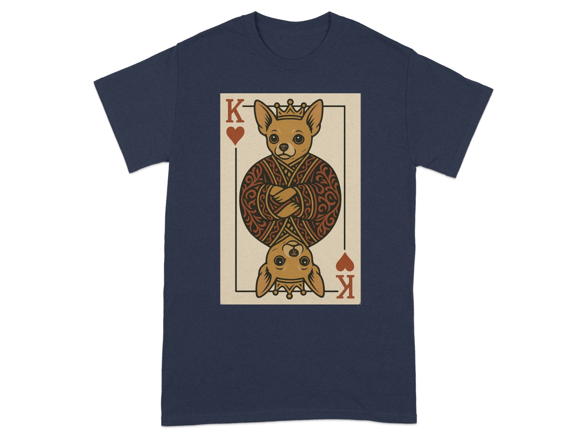Dog wearing a crown and robe on a king playing card design.