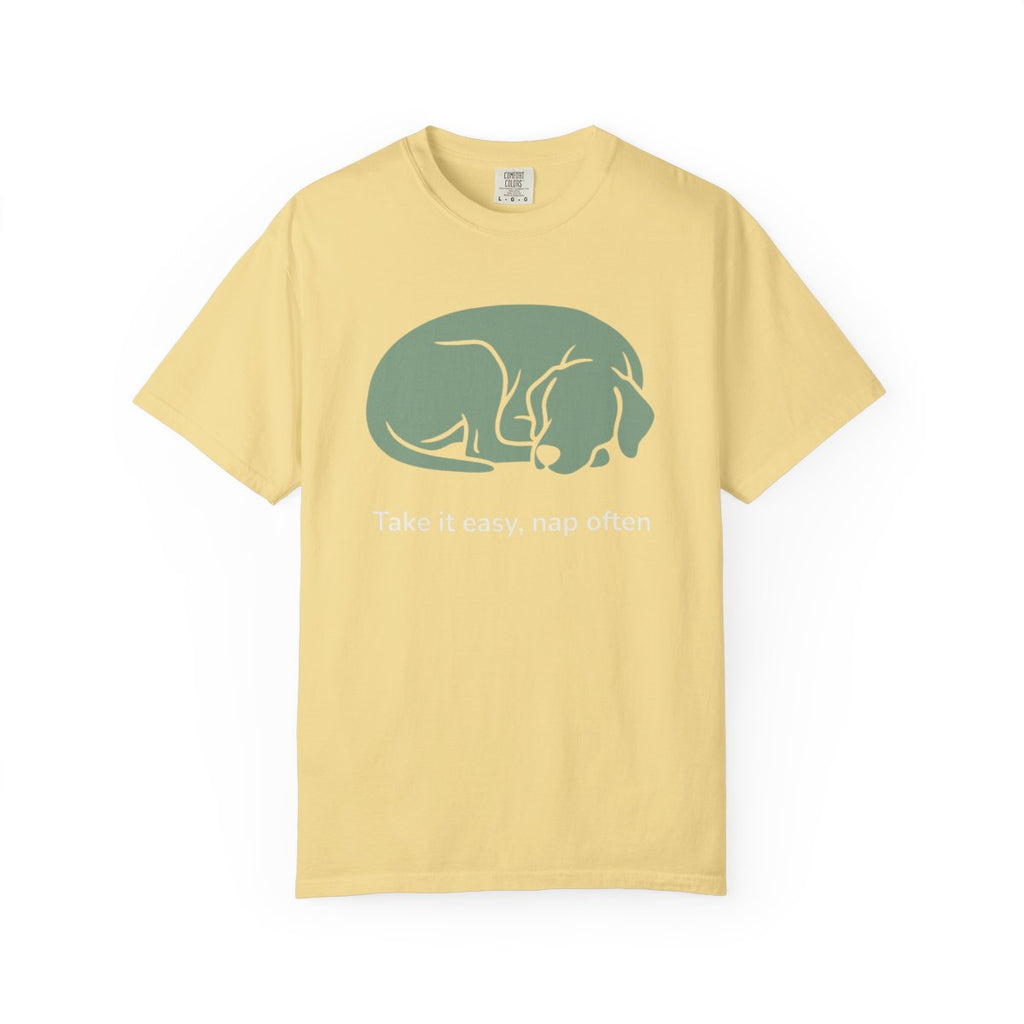 Take it easy nap often yellow graphic t-shirt