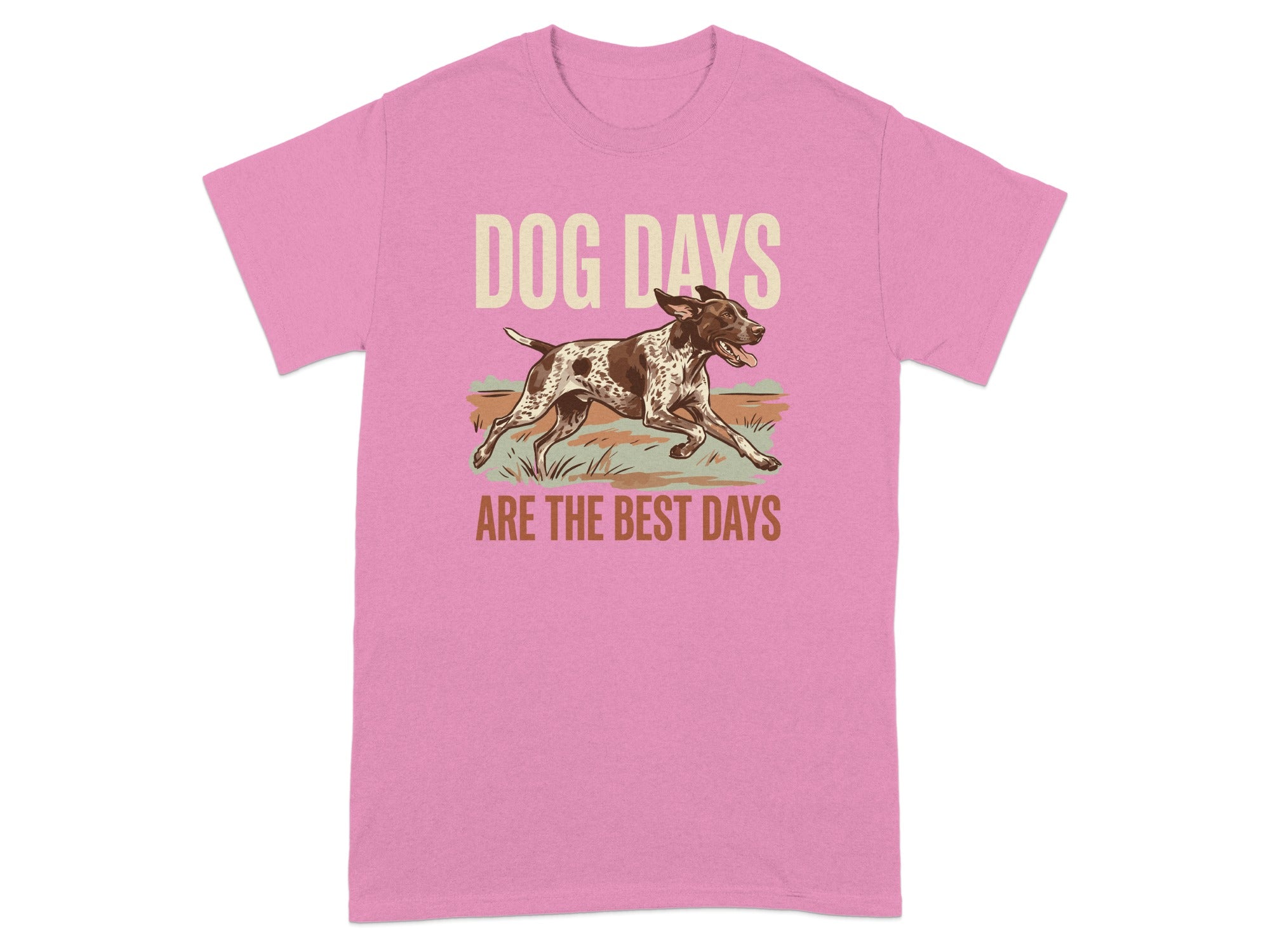 Pink t-shirt with running dog and text "DOG DAYS ARE THE BEST DAYS".