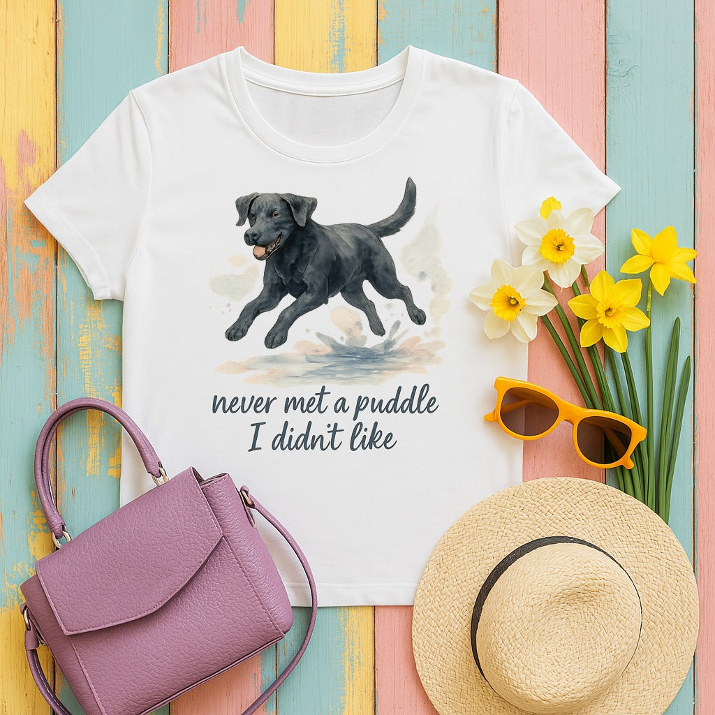 Black Lab Never Met a Puddle T-shirt in White