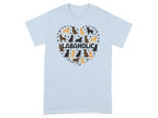 Light blue t-shirt with "LABAHOLIC" and heart shape of dogs and paw prints.