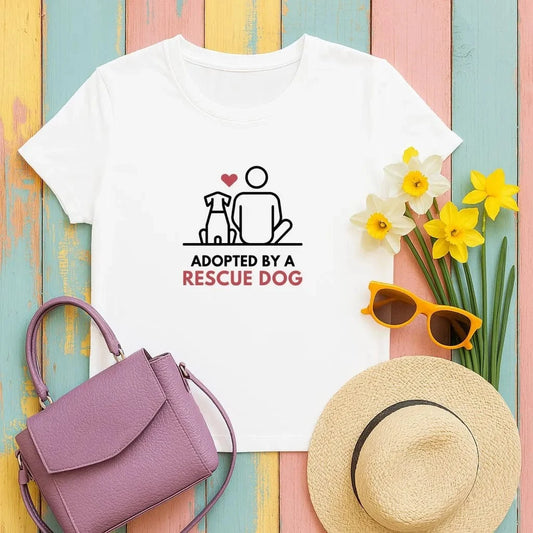Adopted By A Rescue Dog Printed T-Shirts White T-shirt