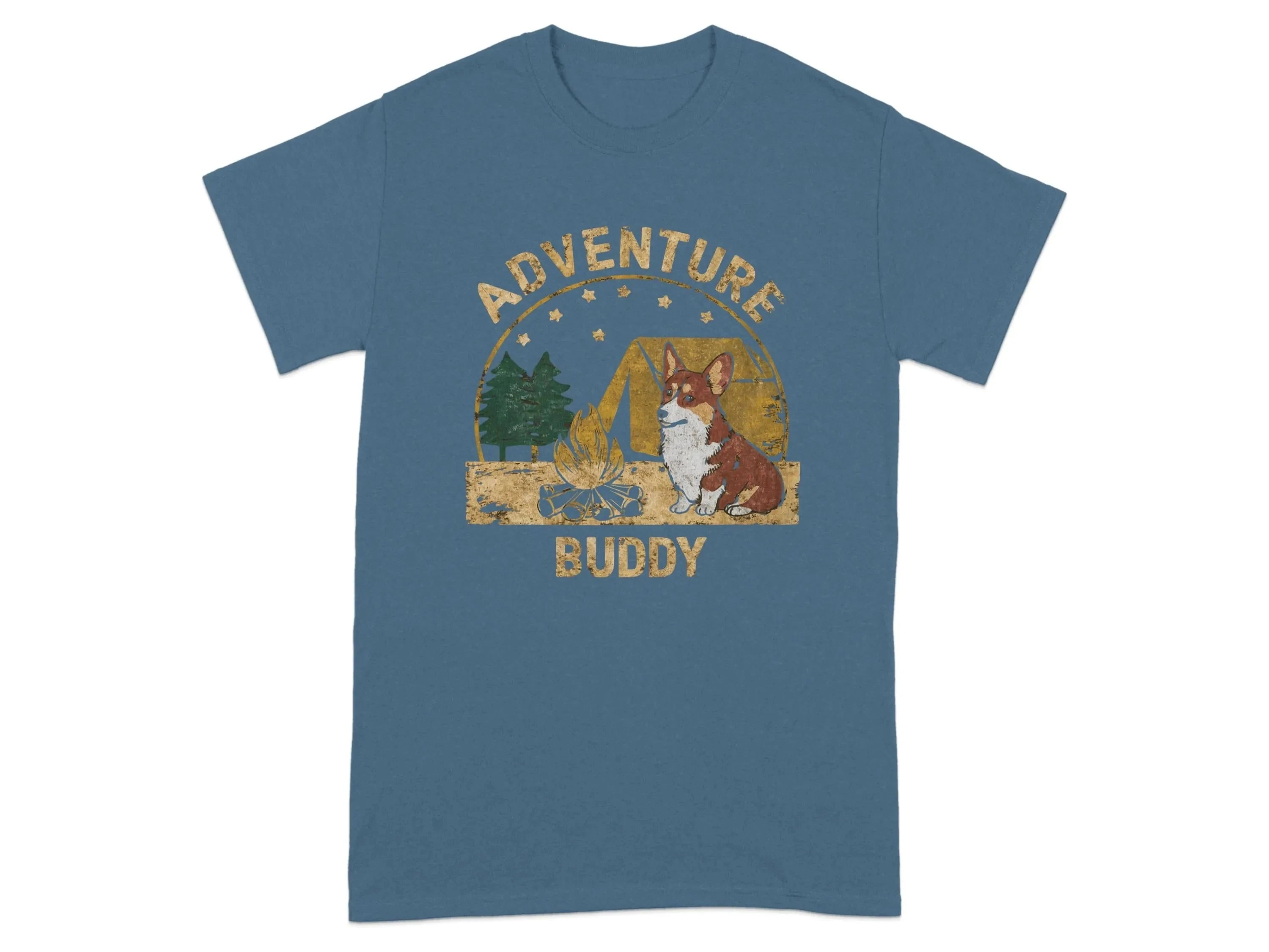 Adorable Corgi Camping T-Shirts Indigo Blue T-shirt