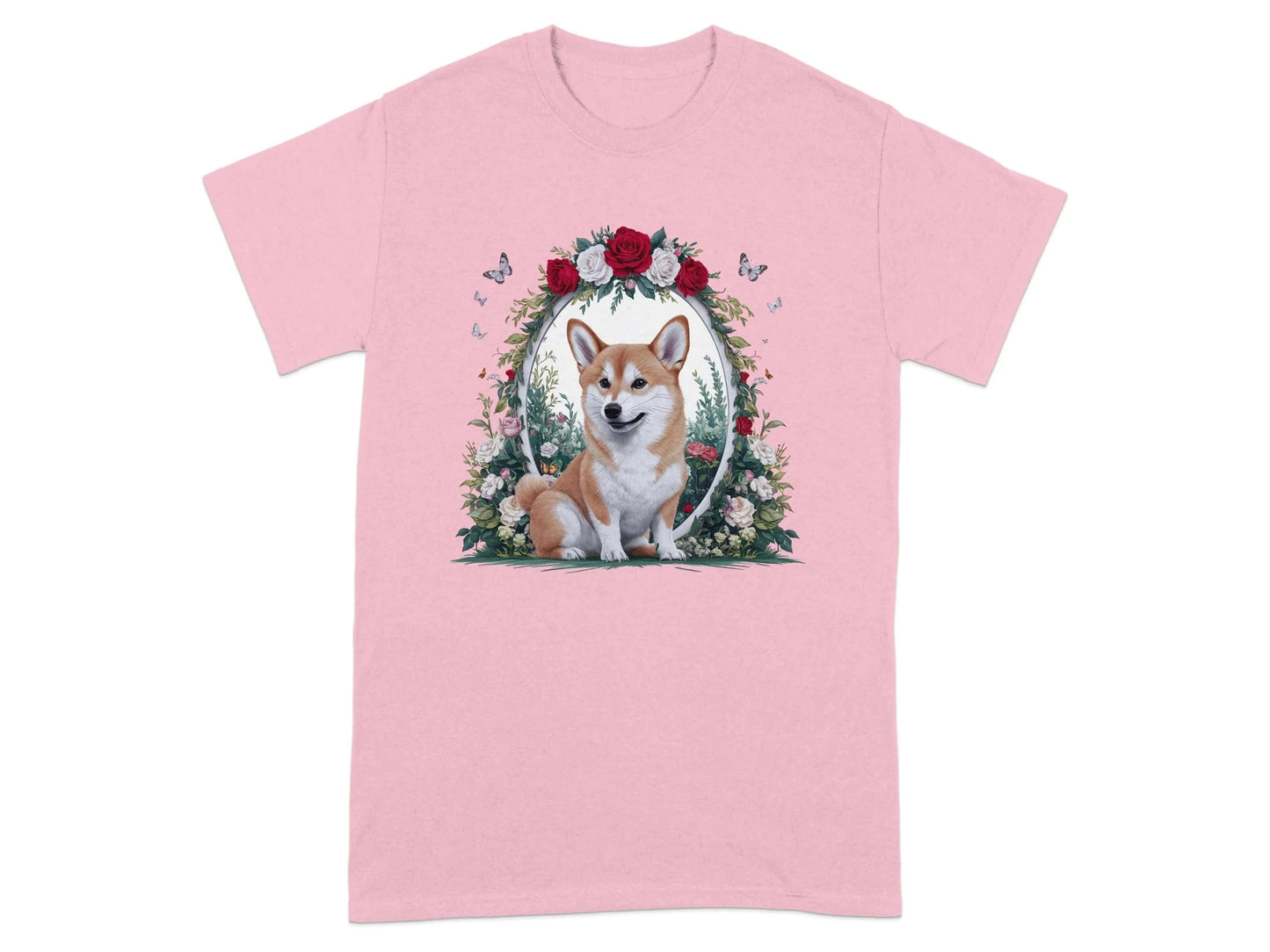 Adorable Corgi Surrounded by Flowers and Butterflies T-Shirts Light Pink T-shirt