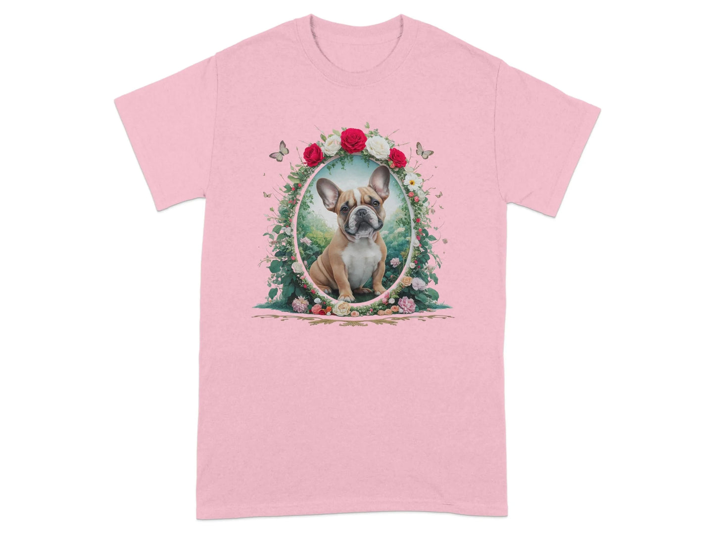 Adorable French Bulldog with Flowers in Frame T-Shirts Light Pink T-shirt