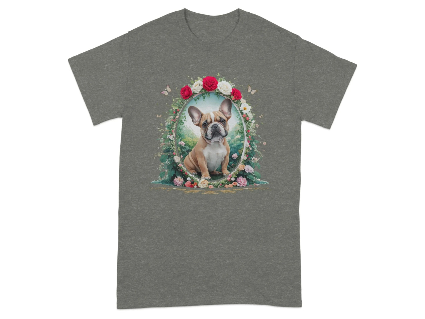 Adorable French Bulldog with Flowers in Frame T-Shirts Heather Military Green T-shirt