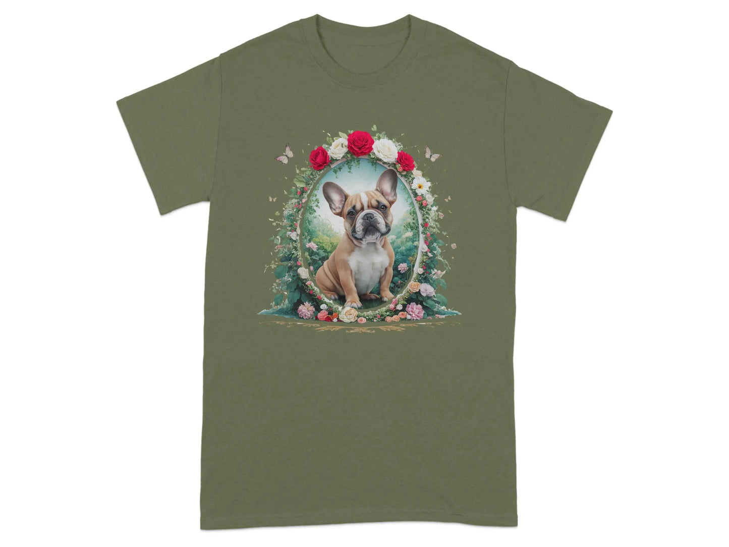 Adorable French Bulldog with Flowers in Frame T-Shirts Military Green T-shirt