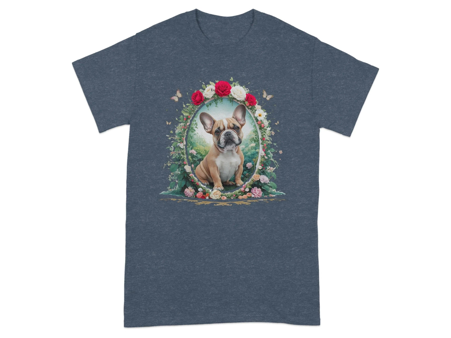 Adorable French Bulldog with Flowers in Frame T-Shirts Heather Navy T-shirt