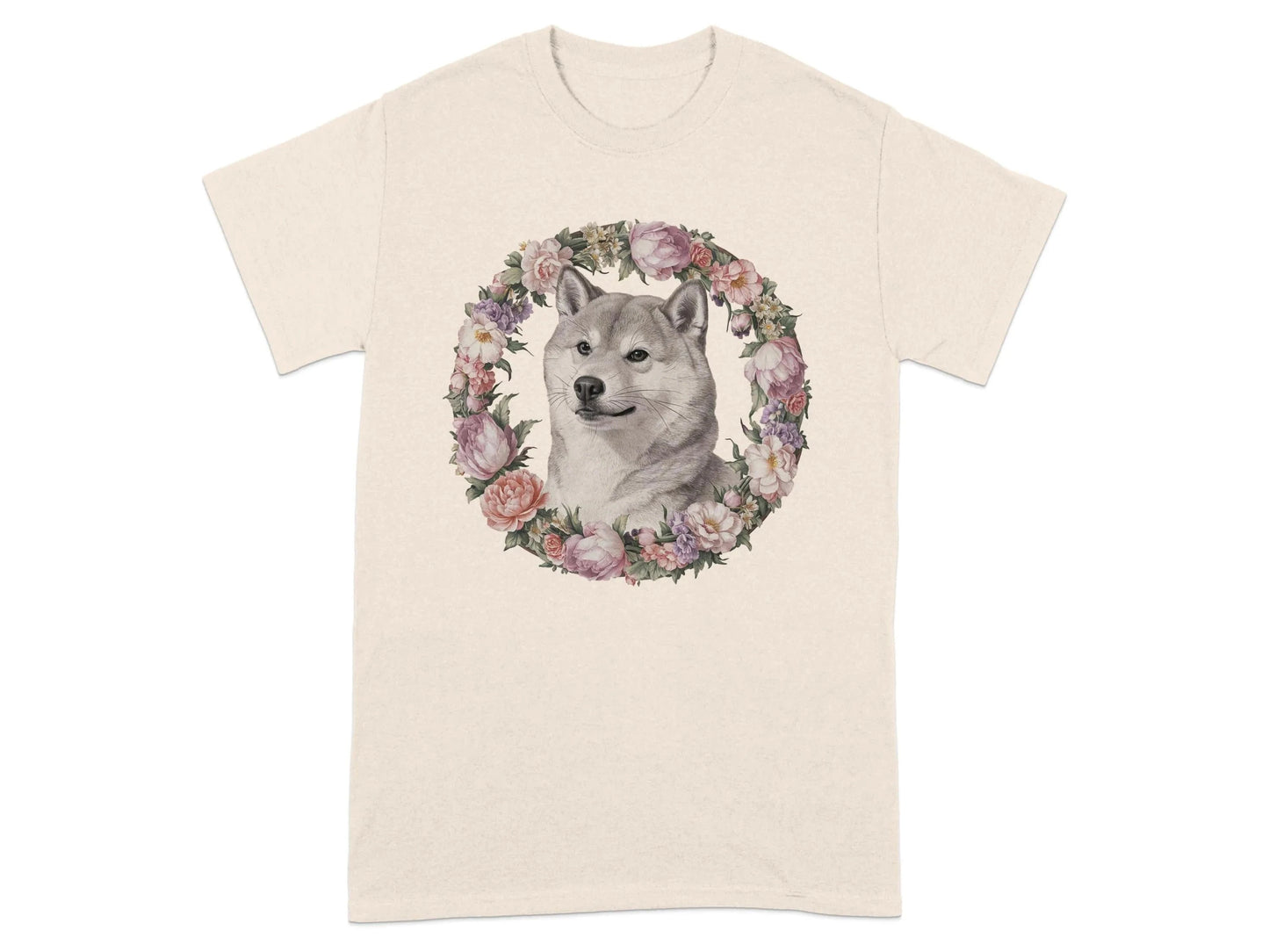 Adorable Shiba Inu with Floral Wreath T-Shirts Natural T-shirt