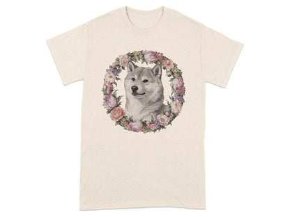 Adorable Shiba Inu with Floral Wreath T-Shirts Natural T-shirt