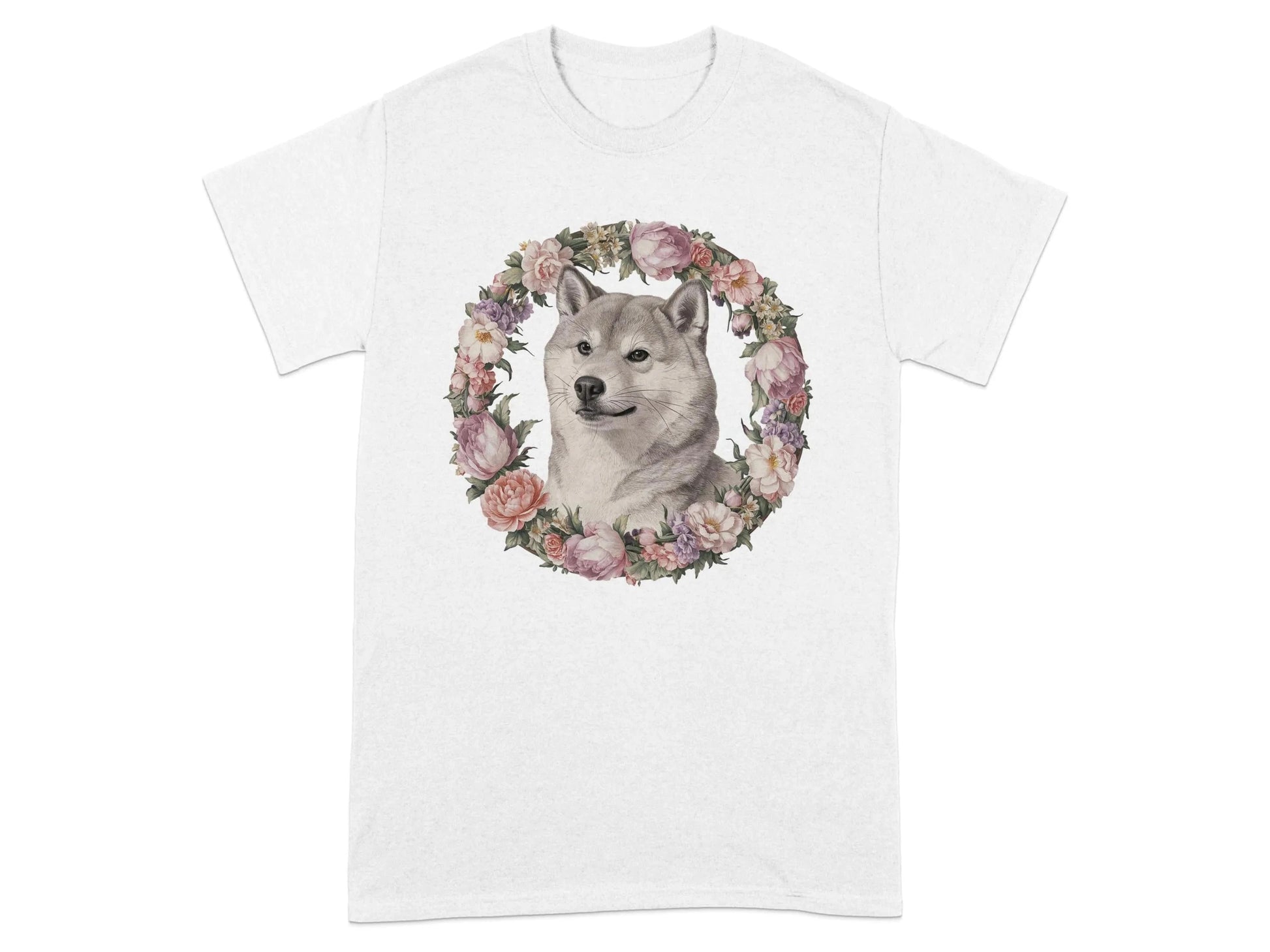 Adorable Shiba Inu with Floral Wreath T-Shirts White T-shirt