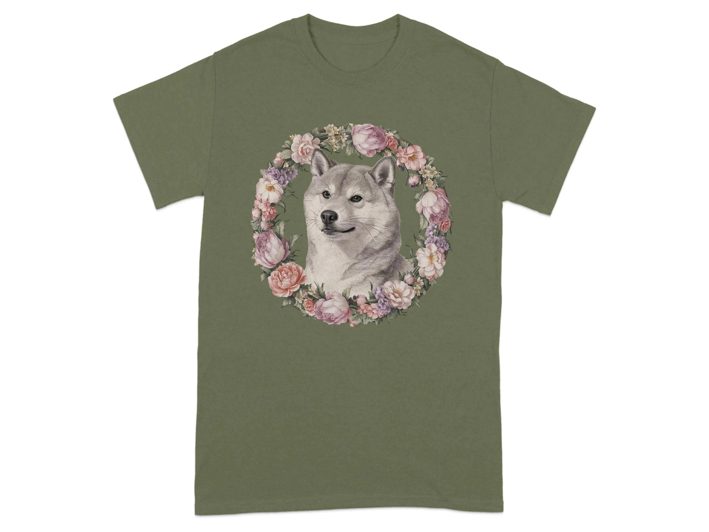 Adorable Shiba Inu with Floral Wreath T-Shirts Military Green T-shirt