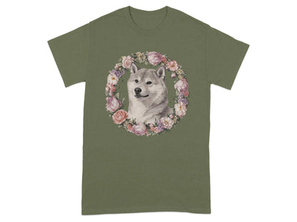 Adorable Shiba Inu with Floral Wreath T-Shirts Military Green T-shirt