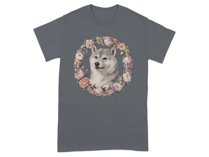 Adorable Shiba Inu with Floral Wreath T-Shirts Charcoal T-shirt