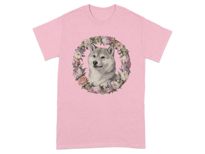 Adorable Shiba Inu with Floral Wreath T-Shirts Light Pink T-shirt