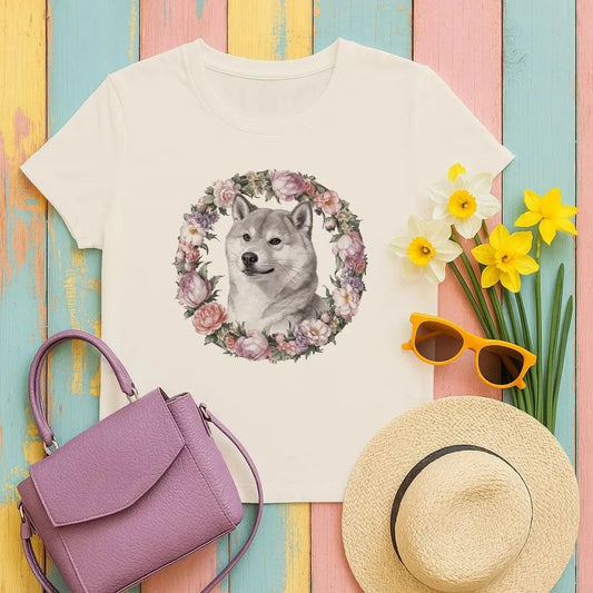 Adorable Shiba Inu with Floral Wreath T-Shirts T-shirt