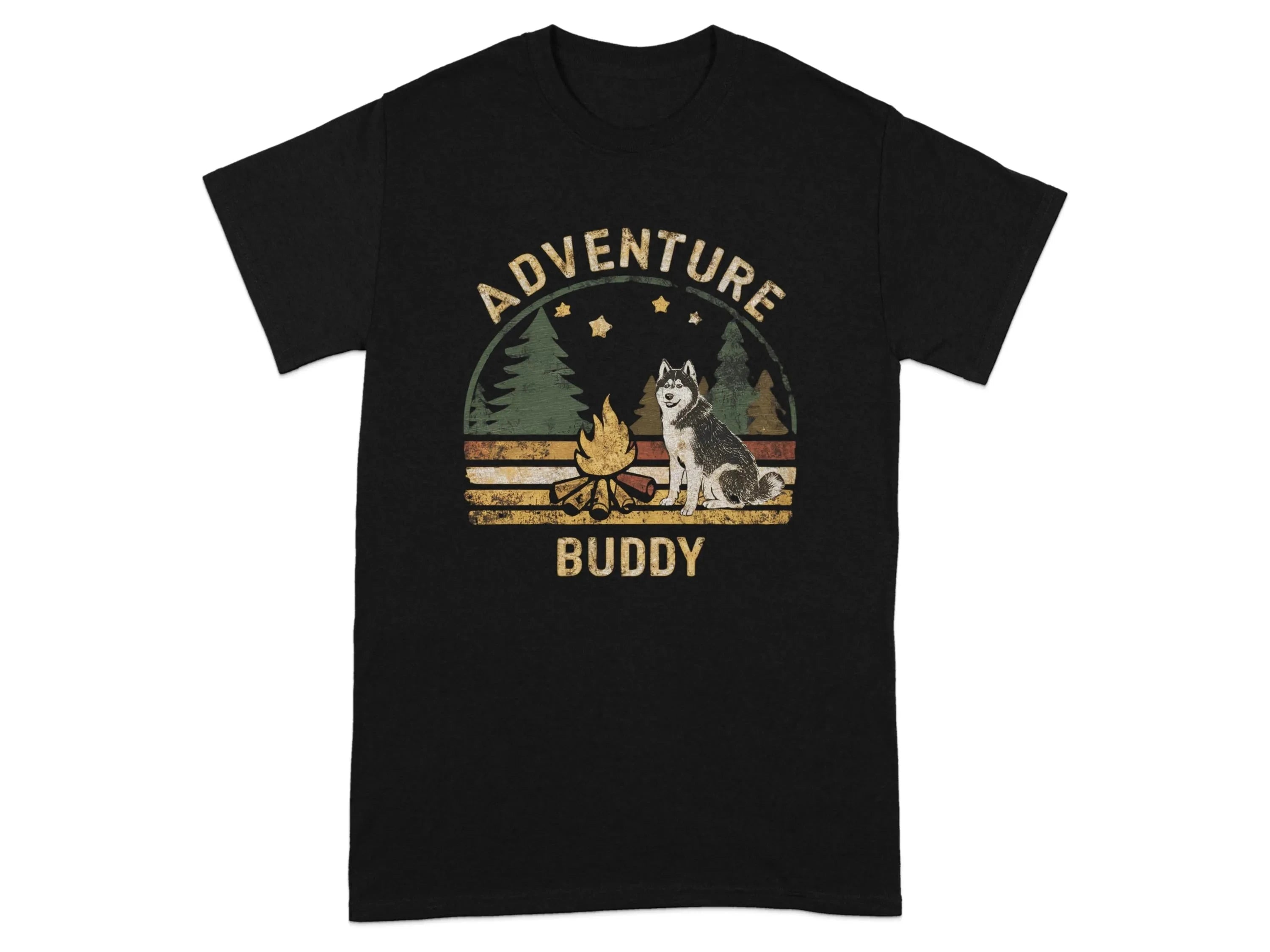Adventure Buddy Camping Husky Dog T-Shirts Black T-shirt