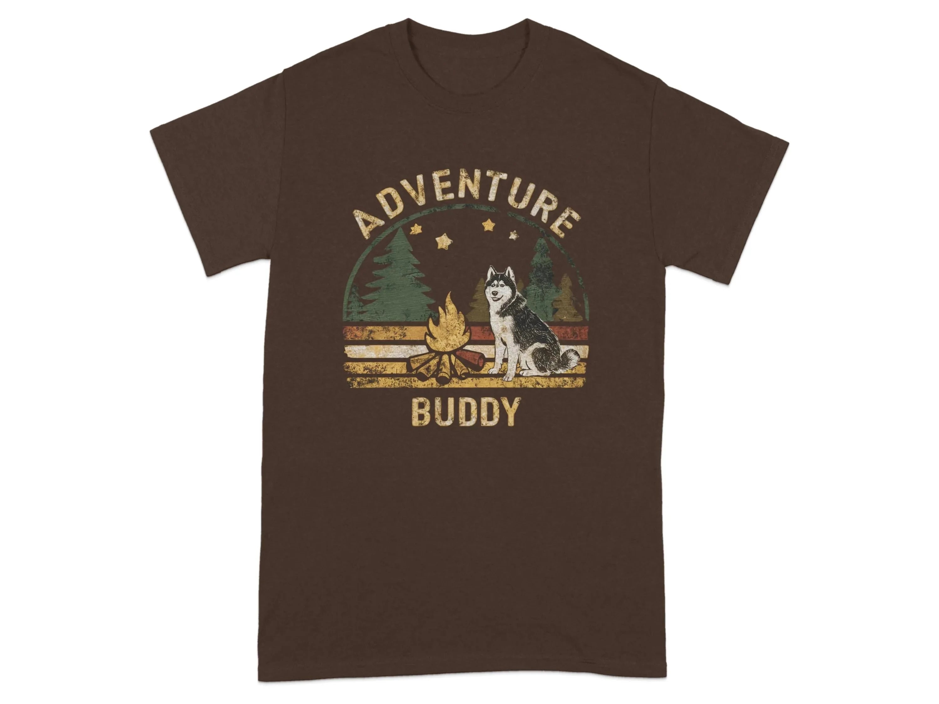 Adventure Buddy Camping Husky Dog T-Shirts Dark Chocolate T-shirt