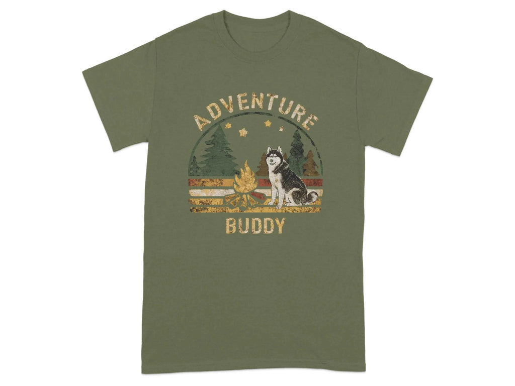 Adventure Buddy Camping Husky Dog T-Shirts Military Green T-shirt