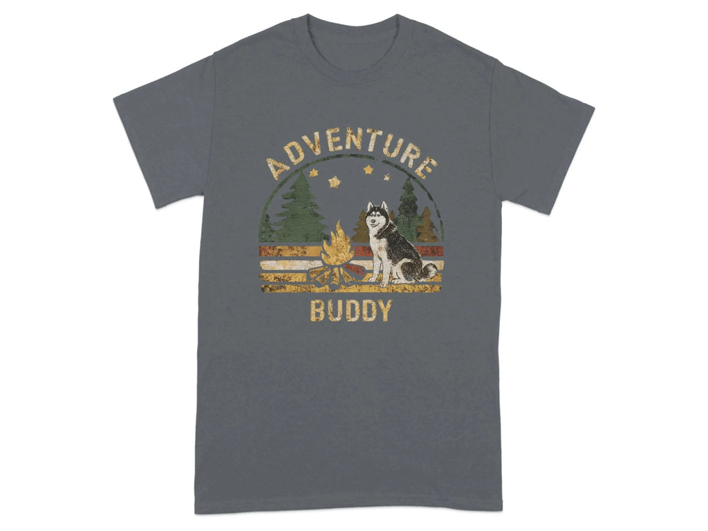 Adventure Buddy Camping Husky Dog T-Shirts Charcoal T-shirt