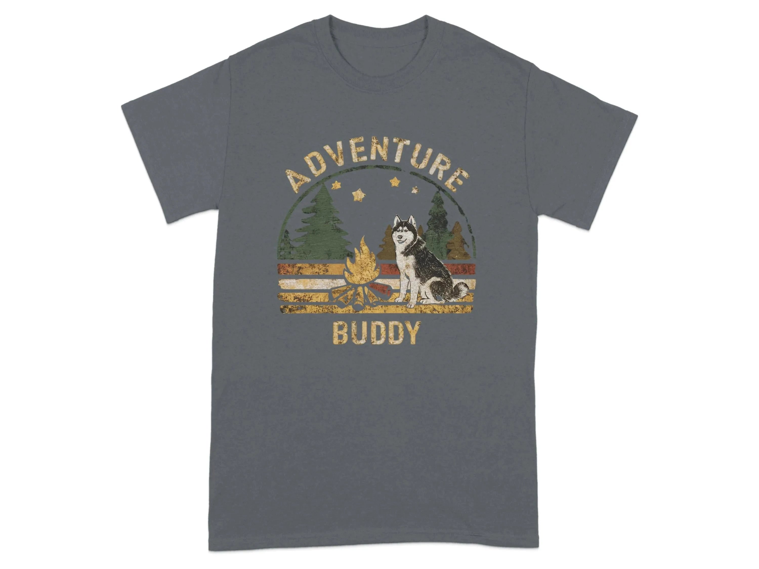 Adventure Buddy Camping Husky Dog T-Shirts Charcoal T-shirt