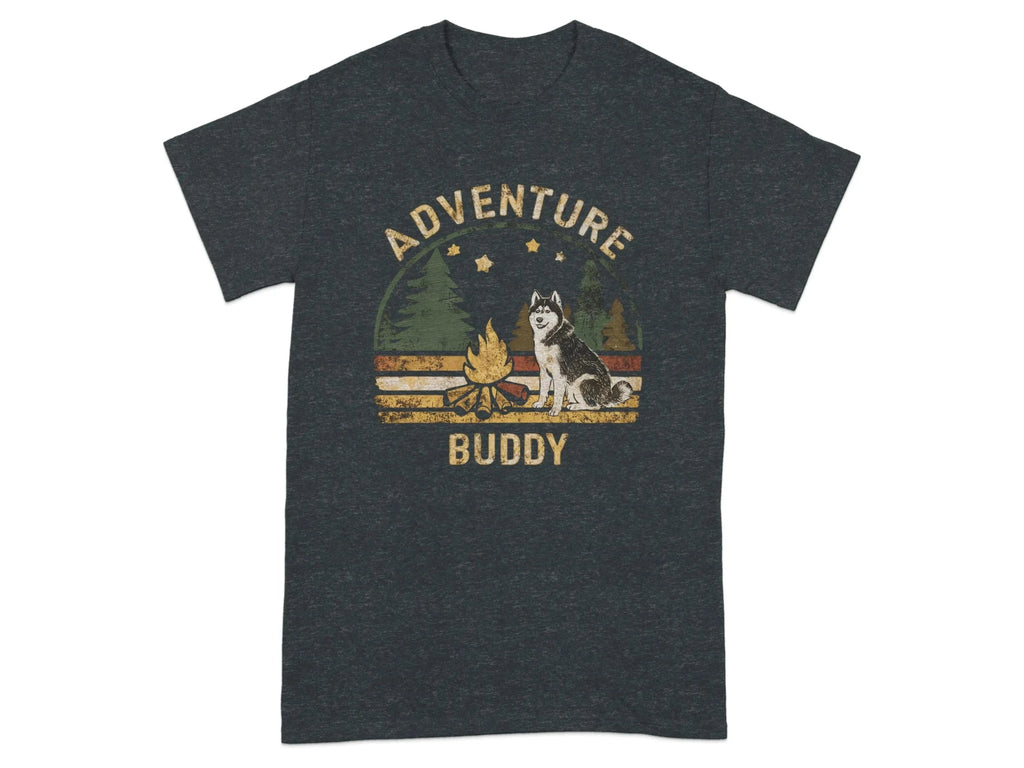 Adventure Buddy Camping Husky Dog T-Shirts Dark Heather Grey T-shirt
