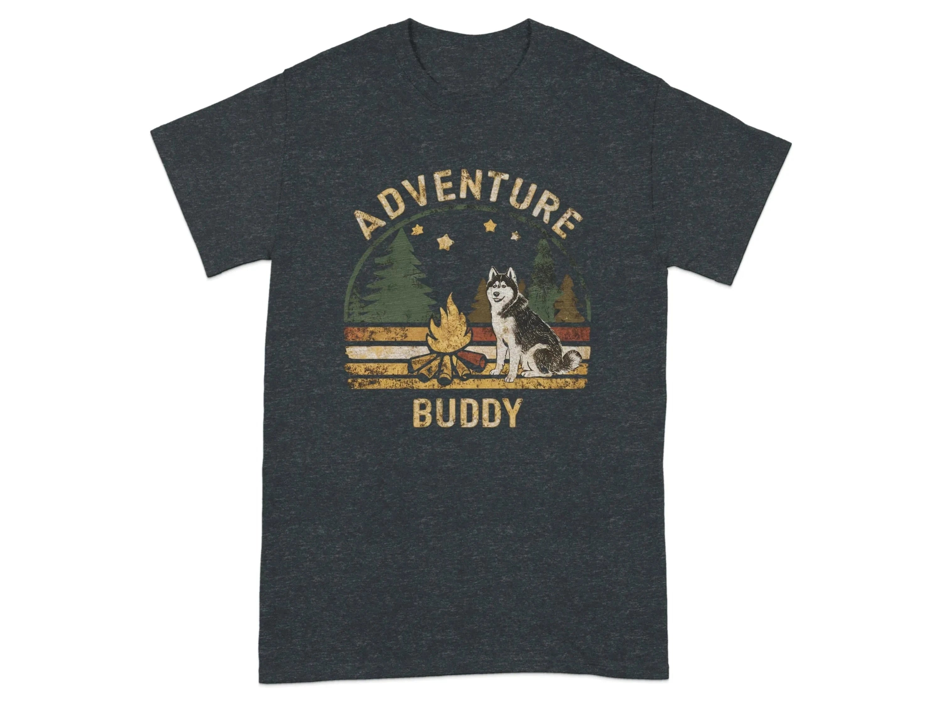 Adventure Buddy Camping Husky Dog T-Shirts Dark Heather Grey T-shirt