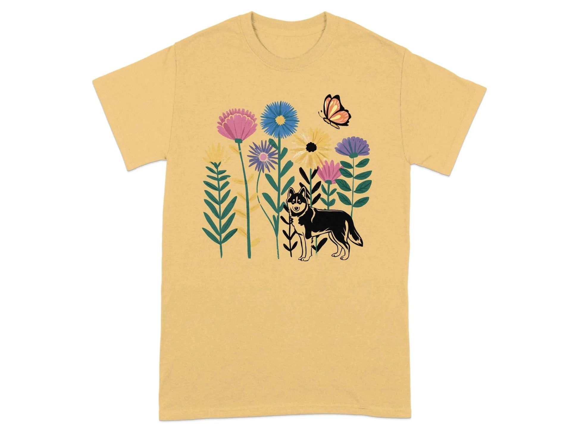 Beautiful Floral Design Dog and Butterfly T-Shirts Yellow Haze T-shirt
