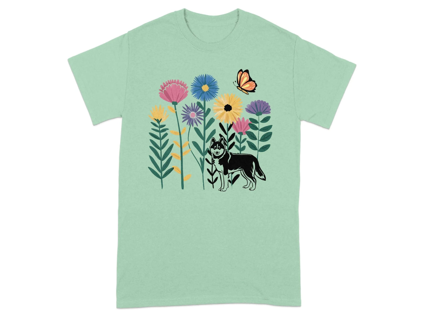 Beautiful Floral Design Dog and Butterfly T-Shirts Mint Green T-shirt