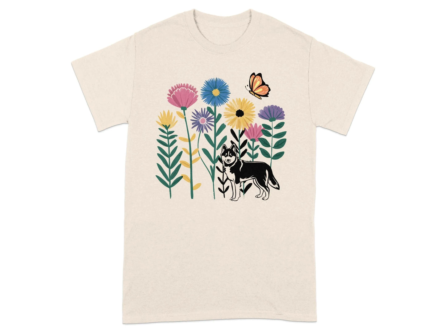 Beautiful Floral Design Dog and Butterfly T-Shirts Natural T-shirt
