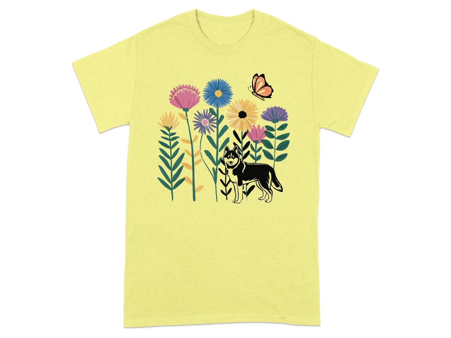 Beautiful Floral Design Dog and Butterfly T-Shirts Cornsilk T-shirt
