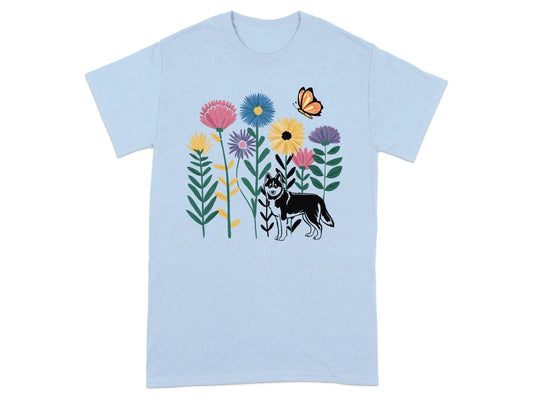 Beautiful Floral Design Dog and Butterfly T-Shirts Light Blue T-shirt