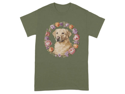 Beautiful Floral Yellow Lab T-Shirts Military Green T-shirt