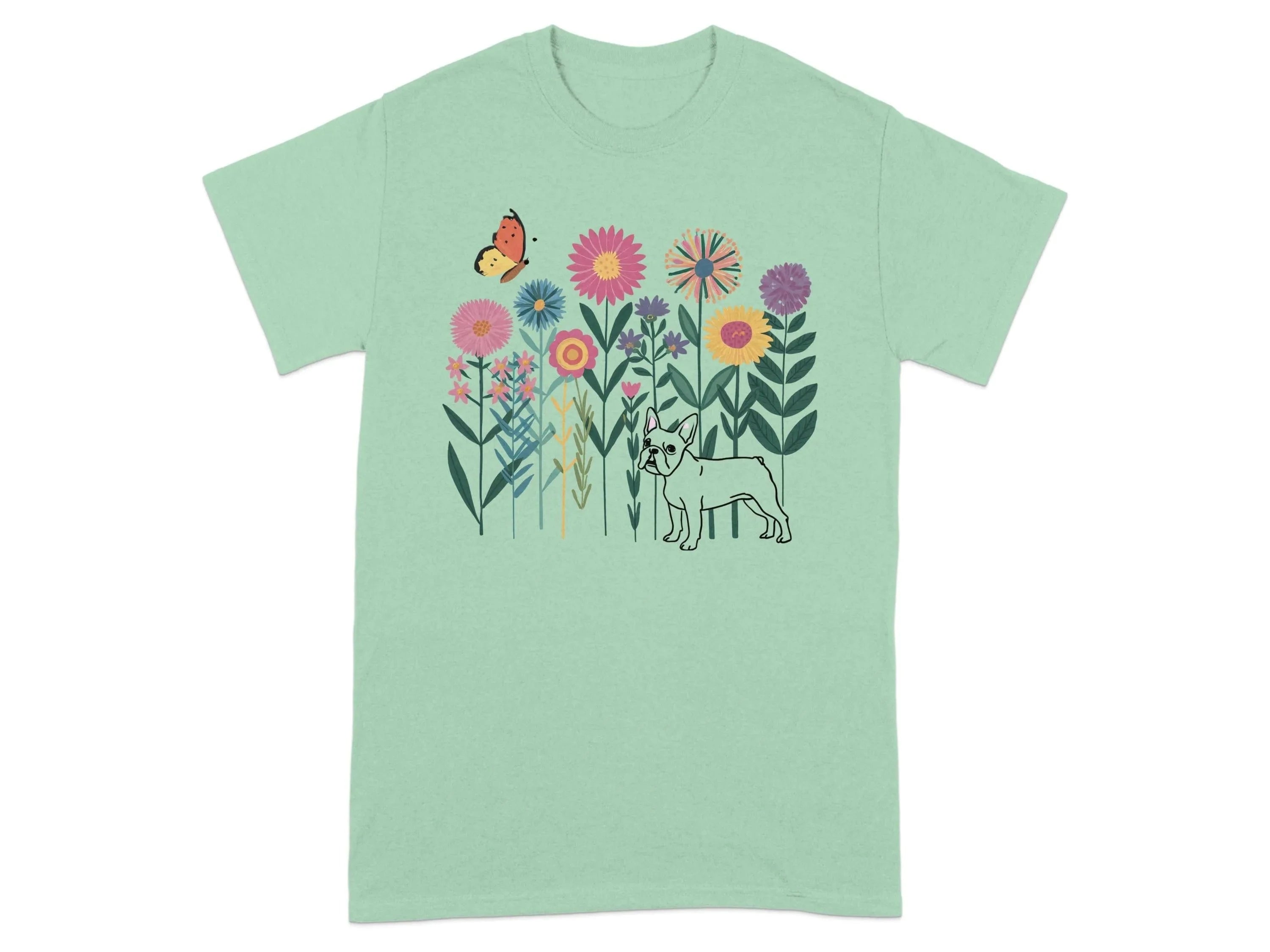 Colorful Floral and French Bulldog T-Shirts Mint Green T-shirt