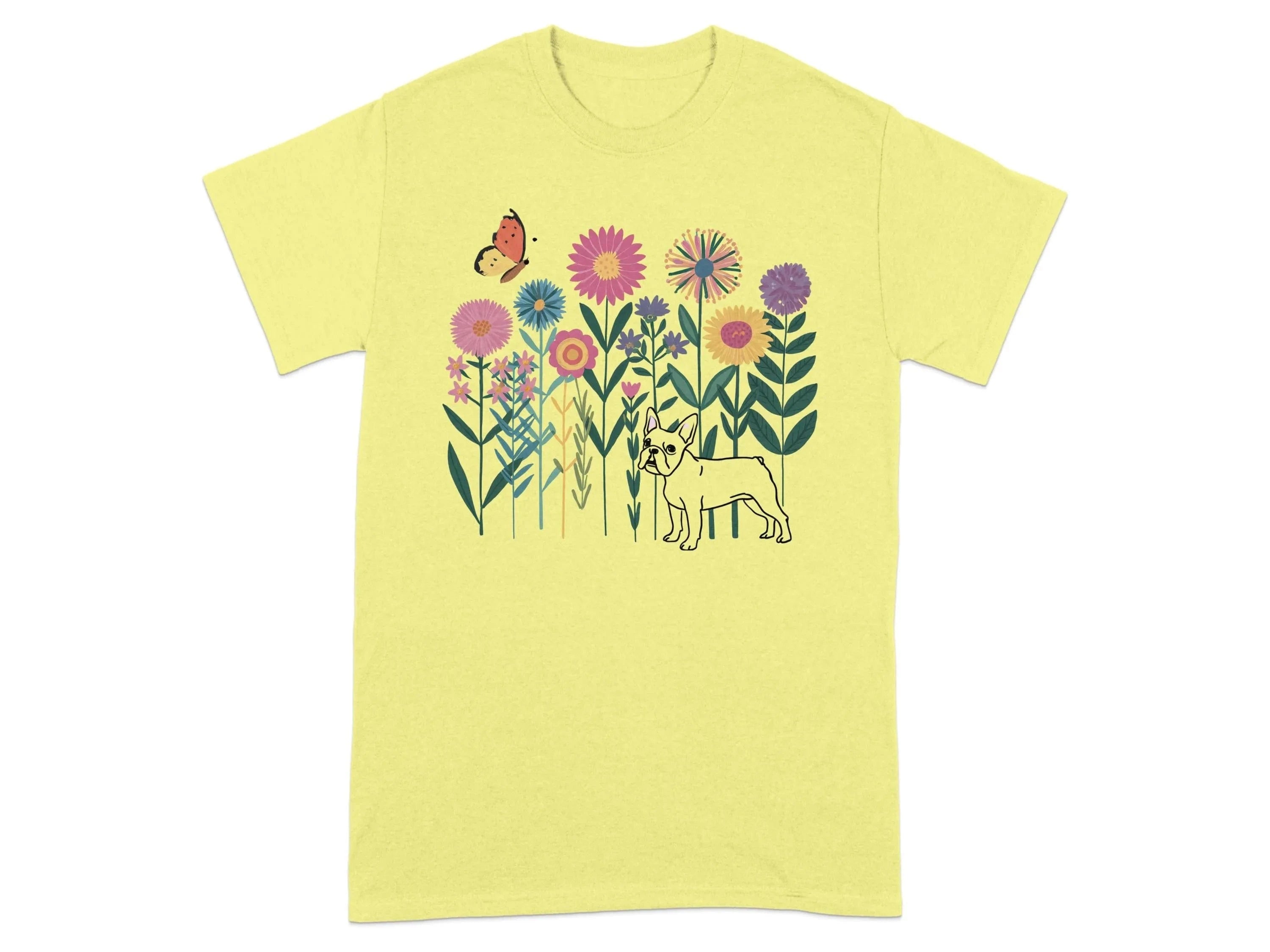 Colorful Floral and French Bulldog T-Shirts Cornsilk T-shirt