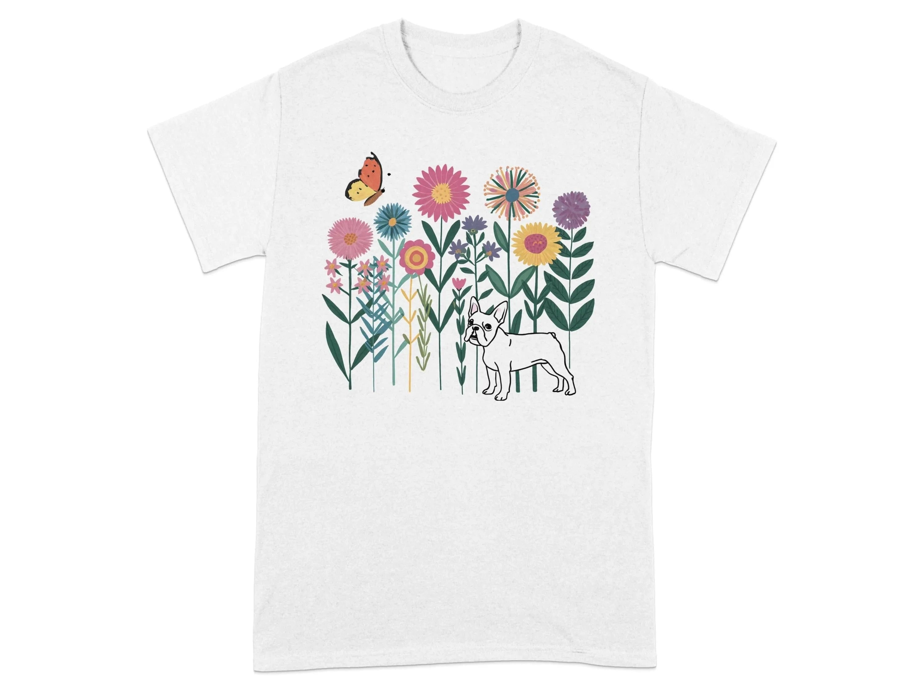 Colorful Floral and French Bulldog T-Shirts White T-shirt