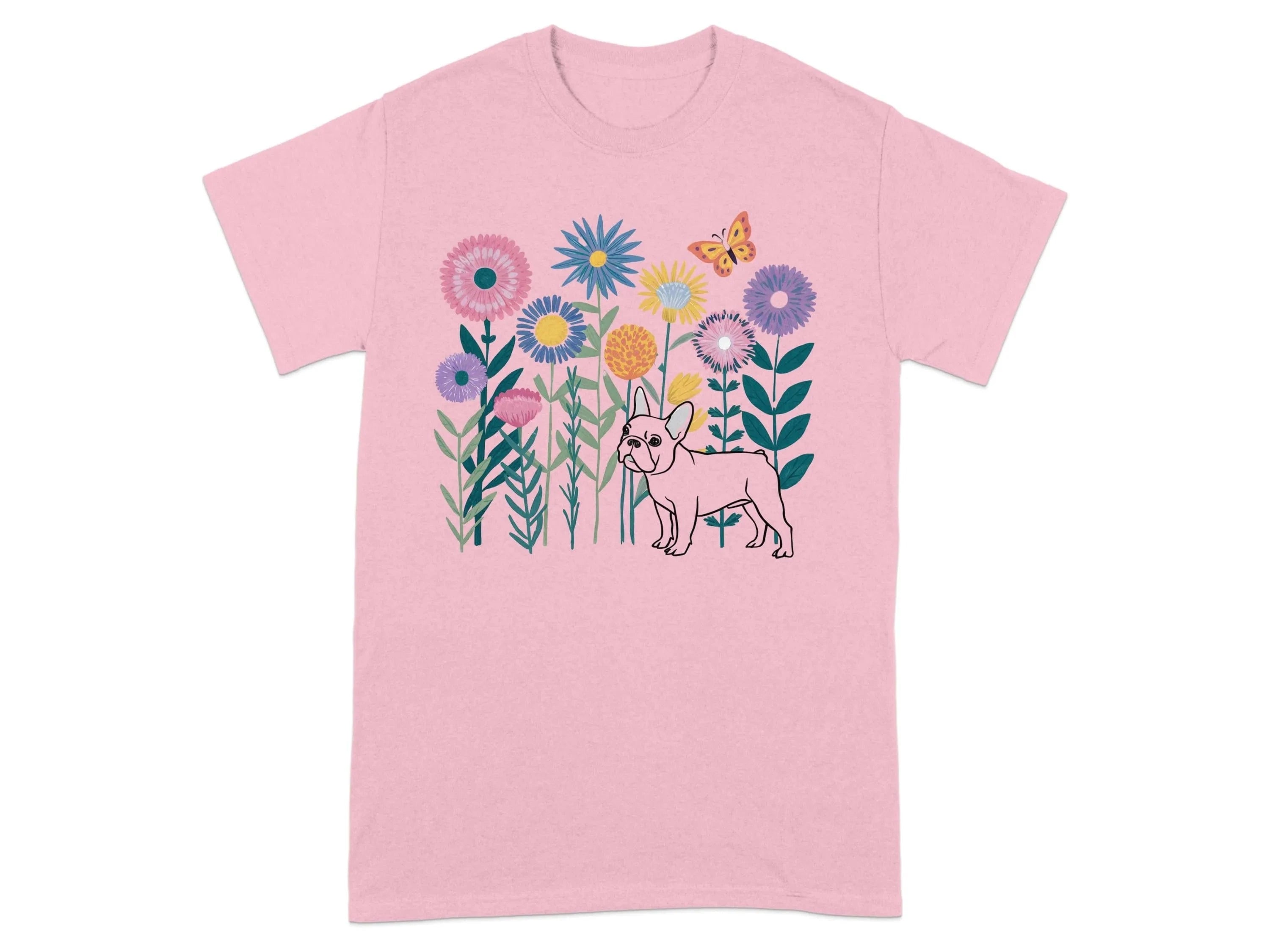 Colorful Flowers and French Bulldog T-Shirts Light Pink T-shirt