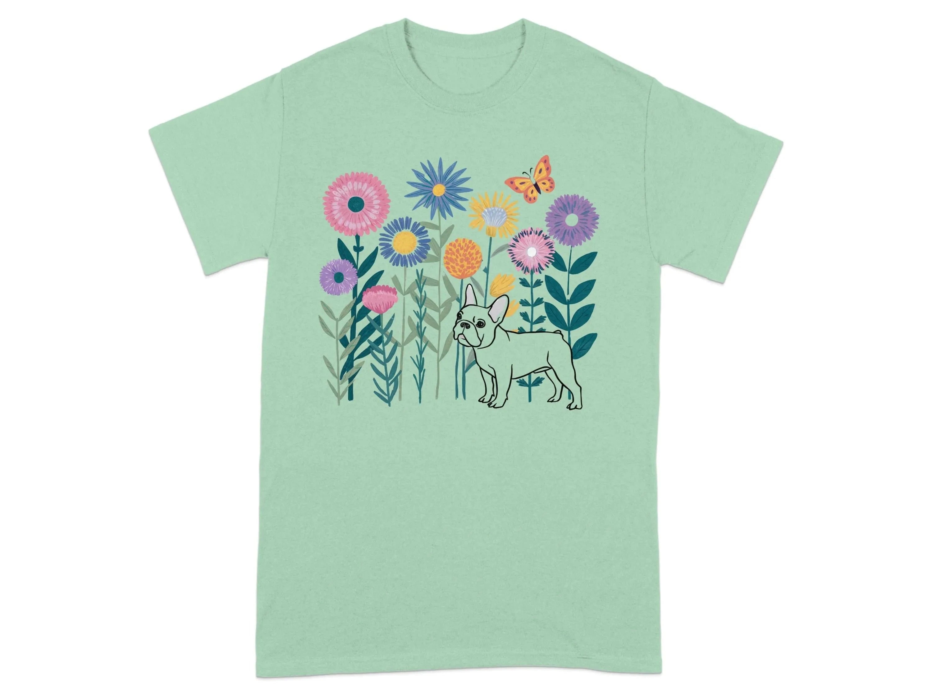 Colorful Flowers and French Bulldog T-Shirts Mint Green T-shirt