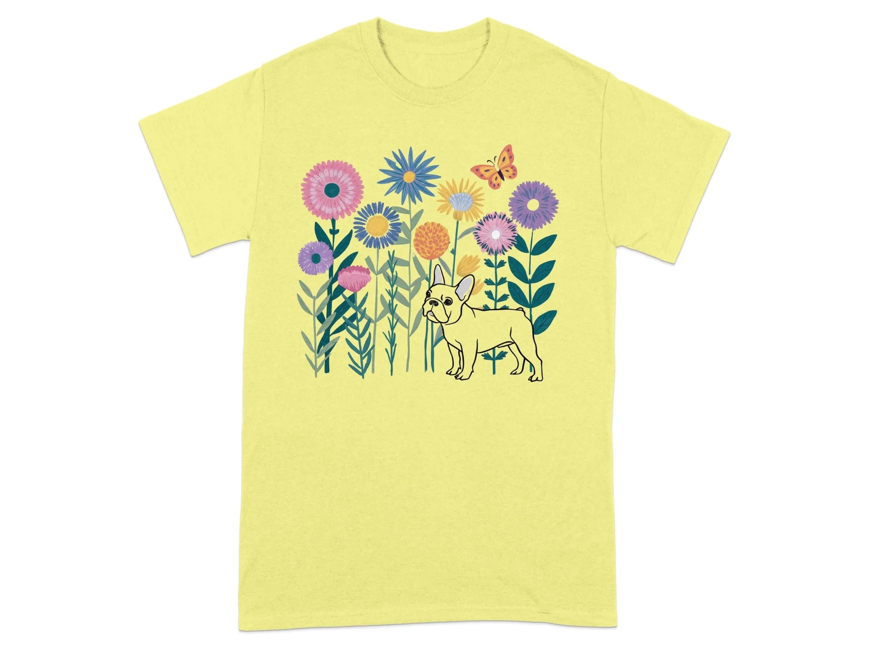 Colorful Flowers and French Bulldog T-Shirts Cornsilk T-shirt