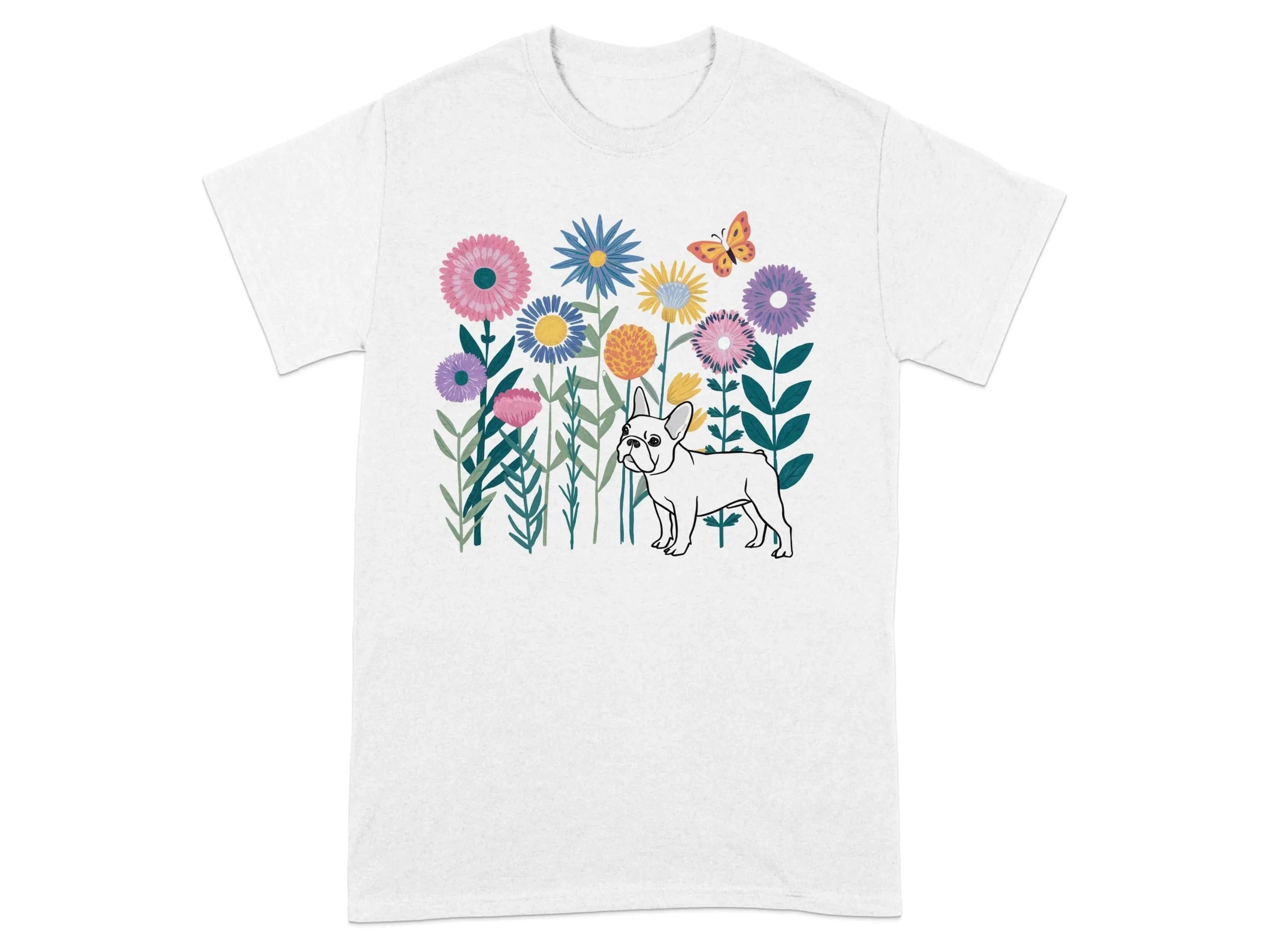 Colorful Flowers and French Bulldog T-Shirts White T-shirt