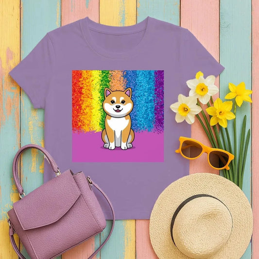 Colorful Shiba Inu With Rainbow Confetti Background T-Shirts T-shirt