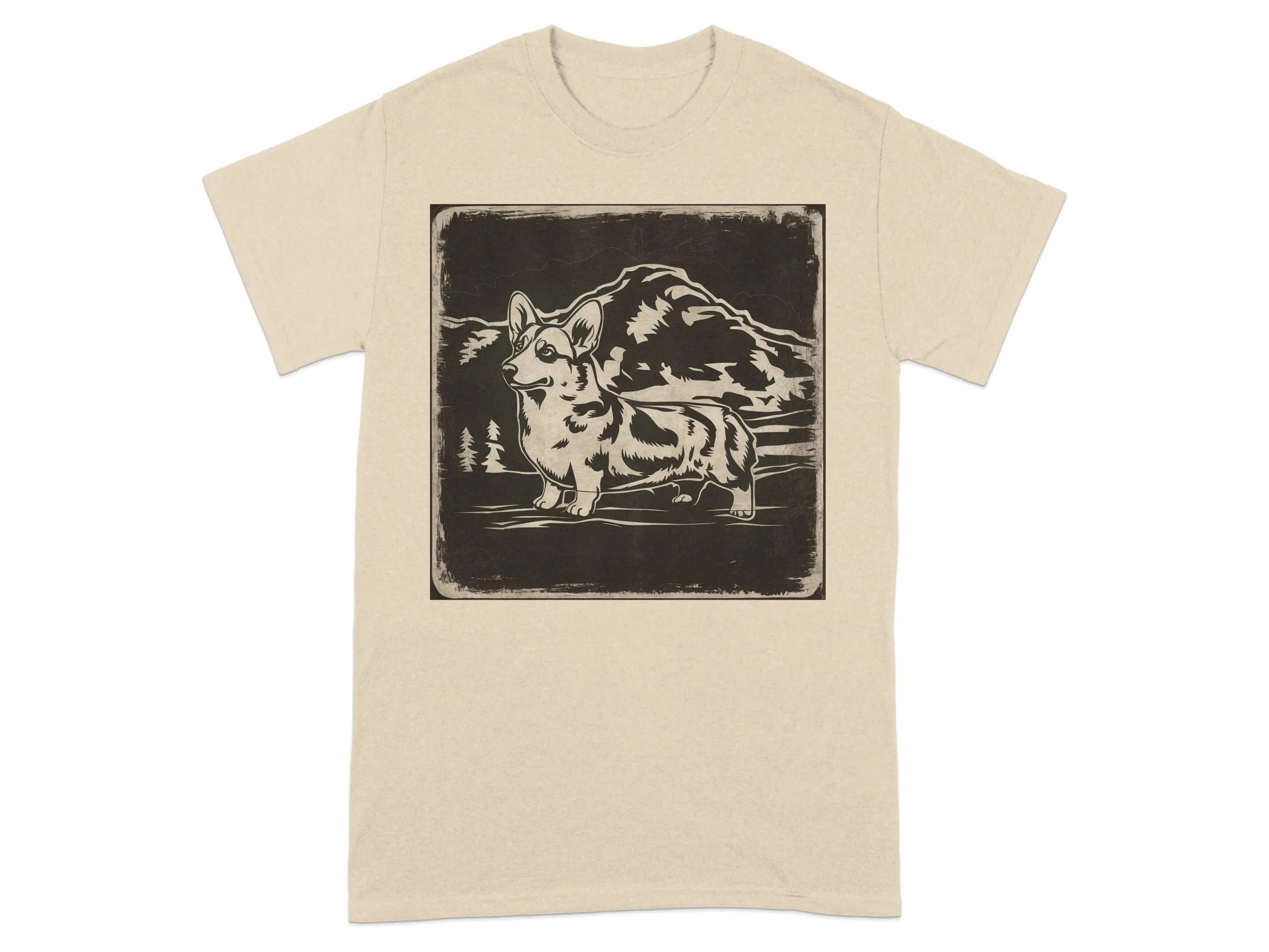 Corgi Dog Design Artwork Large Mountain Scene T-Shirts Sand T-shirt