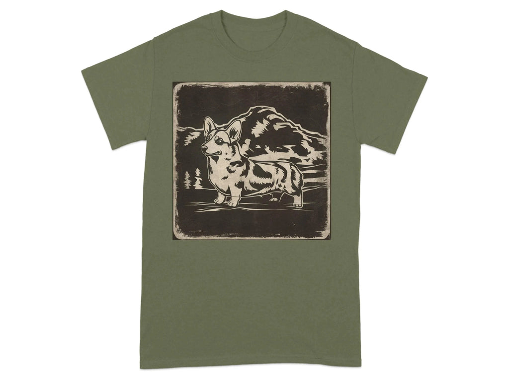 Corgi Dog Design Artwork Large Mountain Scene T-Shirts Military Green T-shirt