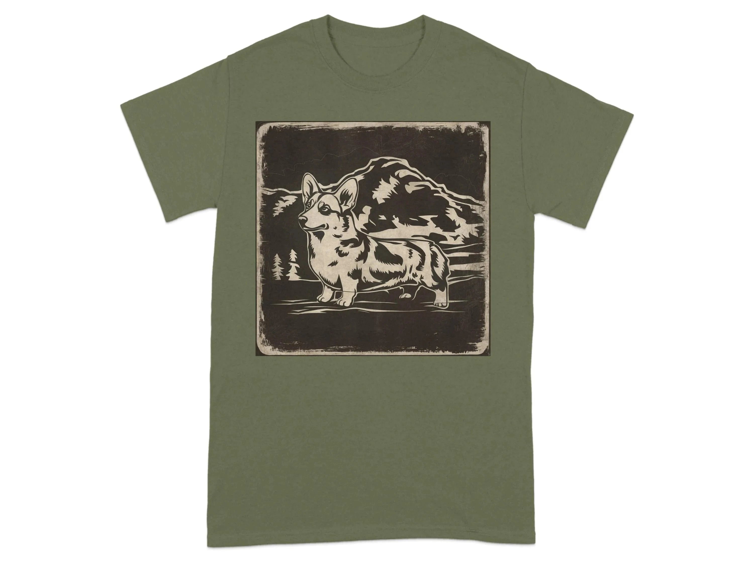 Corgi Dog Design Artwork Large Mountain Scene T-Shirts Military Green T-shirt