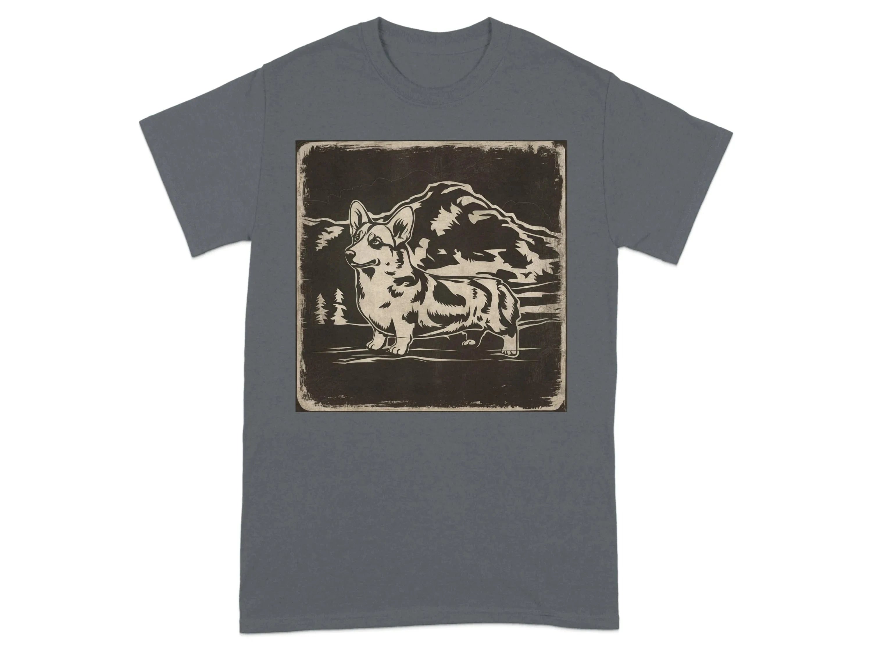 Corgi Dog Design Artwork Large Mountain Scene T-Shirts Charcoal T-shirt