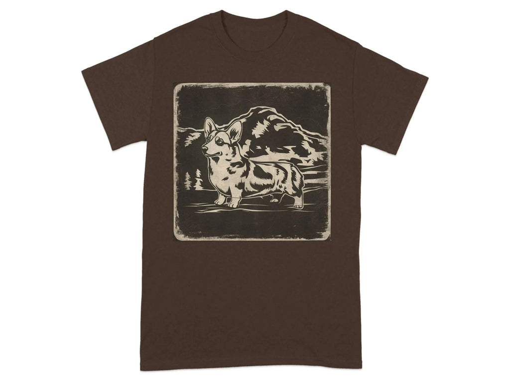 Corgi Dog Design Artwork Large Mountain Scene T-Shirts Dark Chocolate T-shirt