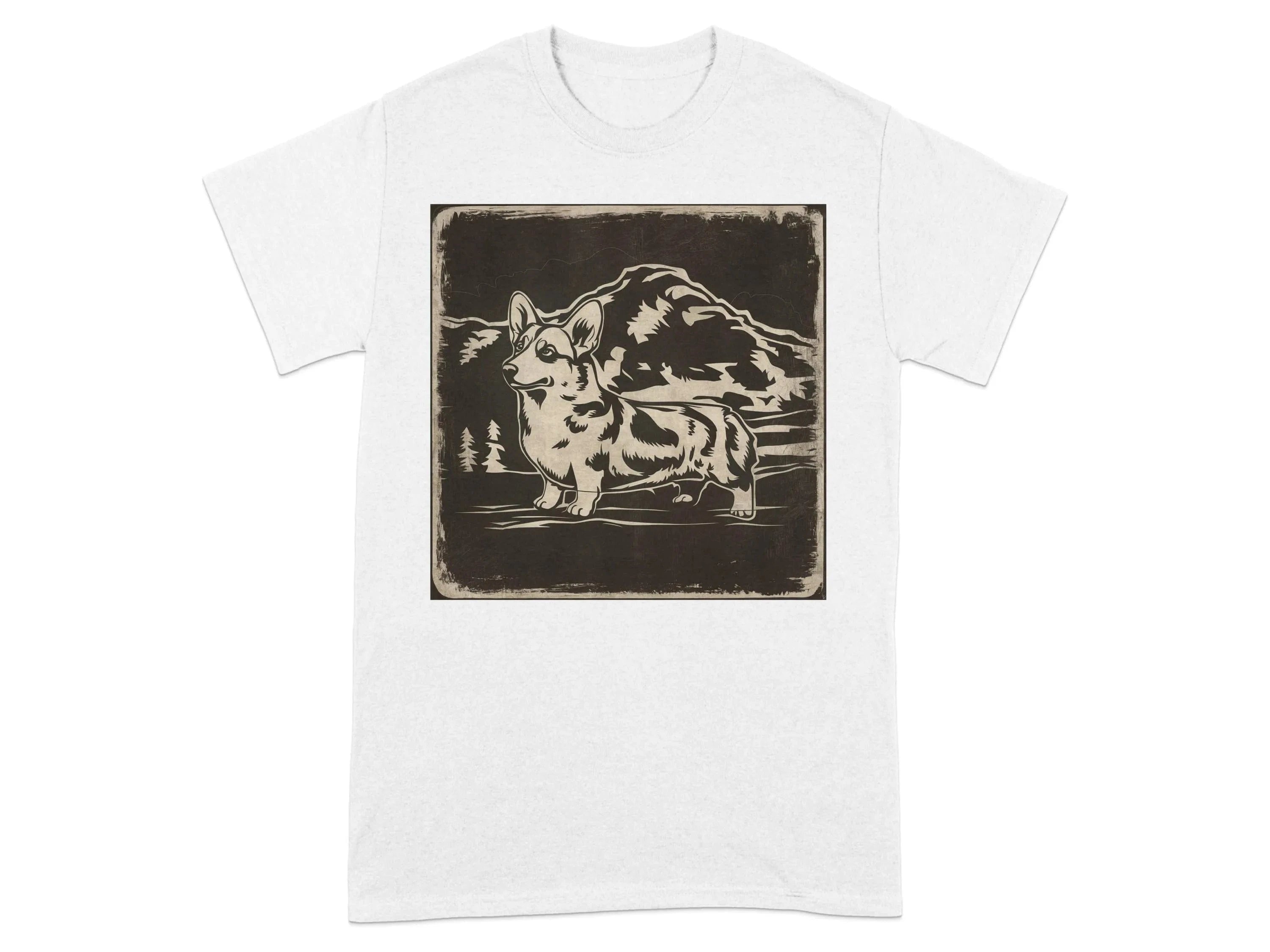 Corgi Dog Design Artwork Large Mountain Scene T-Shirts White T-shirt